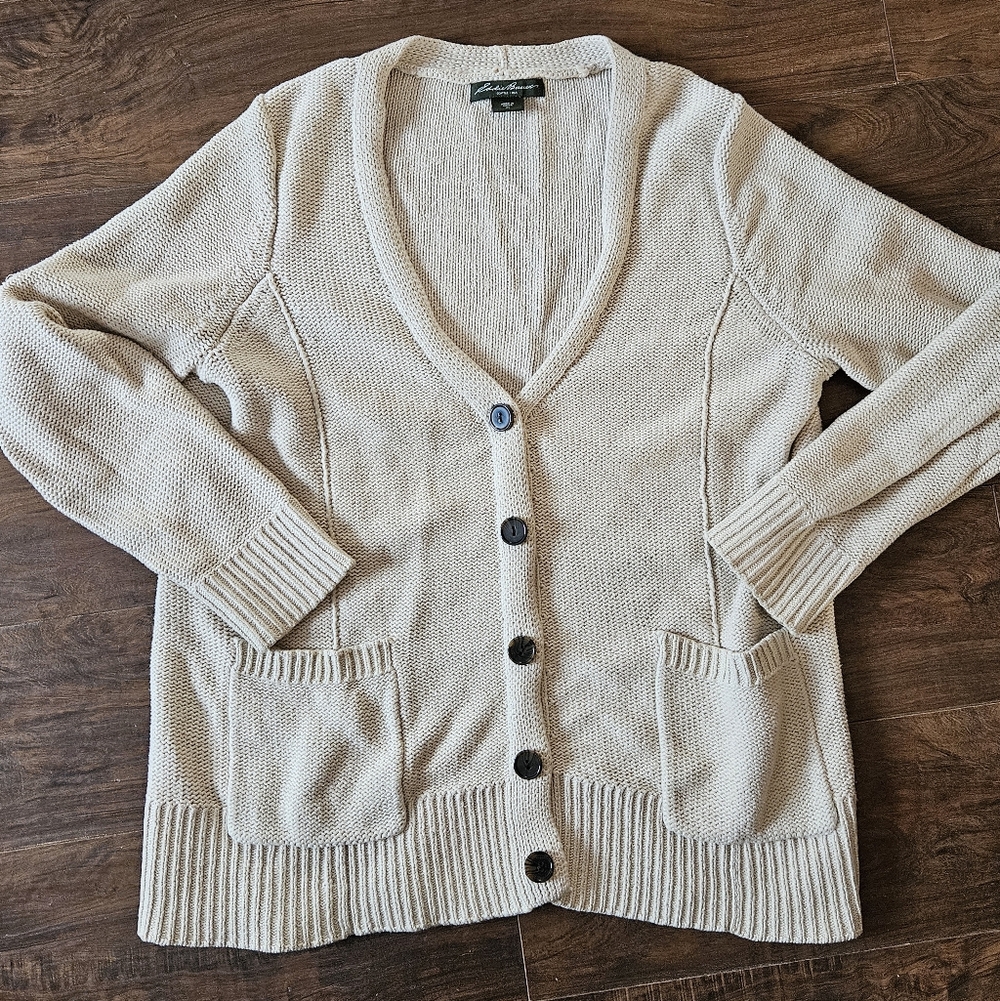 Women's Eddie Bauer Sweater Cardigan Sz XL Ivory Cream- Heavy  B